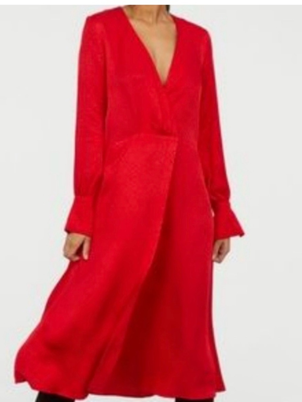 H&M Red V-Neck Long Sleeve Satin Midi Dress